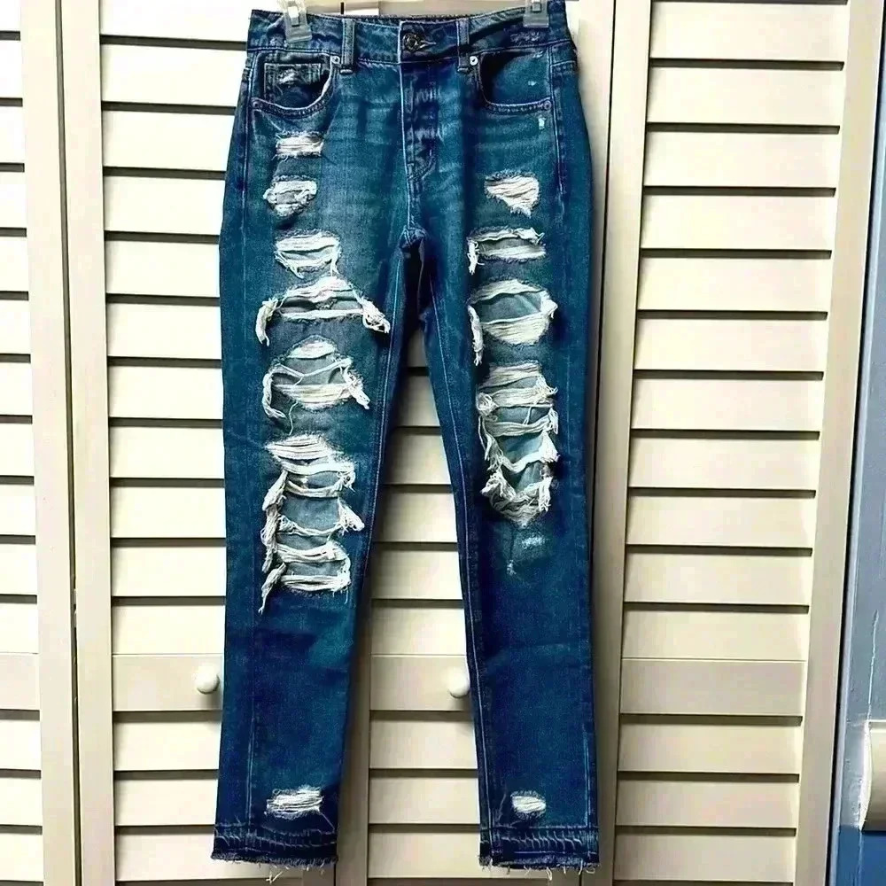 American Eagle High Rise Distressed Mom Jeans